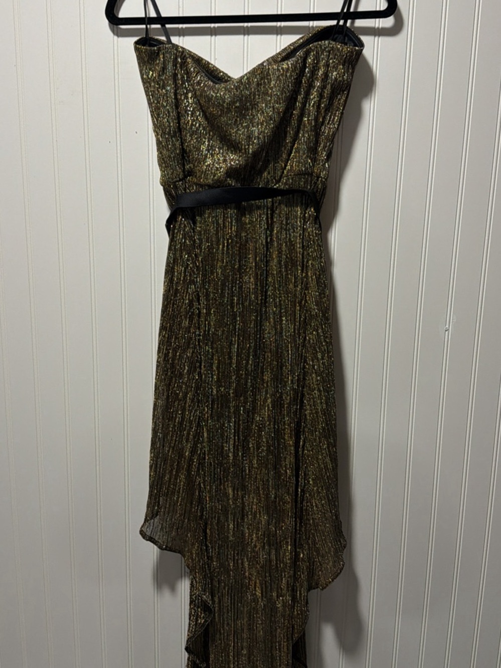 bebe Metallic Gold Pleated High-Low Evening Dress with Black Waist Accent